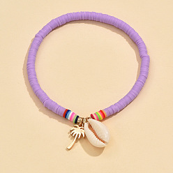 Сливовый Богемные браслеты ручной работы из полимерной глины hwishi с бусинами эластичные браслеты на ногу, с натуральными ракушками каури и металлическими подвесками в виде кокосовой пальмы, золотые, слива, внутренний диаметр: 2-1/2 дюйм (65 мм)