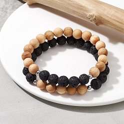 Couleur Mélangete Bracelet extensible en pierre de lave naturelle et perles rondes en bois, couleur mixte, diamètre intérieur: 2 pouce (5 cm), 2 pièces / kit