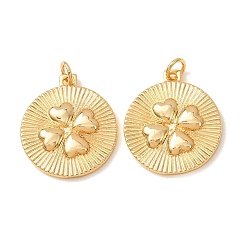 Real 18K Gold Plated Brass Pendants, Flat Round with Clover Charms, Rack Plating, Long-Lasting Plated, Lead Free & Cadmium Free, Real 18K Gold Plated, 22.5x20x3mm, Hole: 3mm