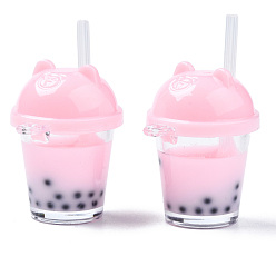 Pink Imitation Bubble Tea/Boba Milk Tea Resin Pendants, Boba Polymer Clay inside, with Acrylic Cup, Pink, 35~41x27x23mm, Hole: 1.8mm
