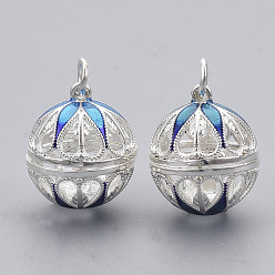 Серебро Подвески из латуни, без никеля , для ожерелья, с эмалью и железными кольцами, полый круглый с цветком, серебряный цвет гальваническим, 21.5x18x20.5 мм, отверстие : 4 мм, внутренней меры: 15.5 мм