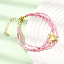 Flamingo Polyester Multi-Strand Bracelets, Brass Heart Bead Bracelets with 202 Stainless Steel Lobster Claw Clasps, Golden, Flamingo, 7.09 inch(18cm)