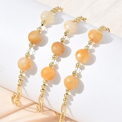 Yellow Aventurine Natural Yellow Aventurine Faceted Flat Round Beaded Brass Paperclip Chain Bracelets, Long-Lasting Plated, Golden, 8.50 inch(21.6cm)