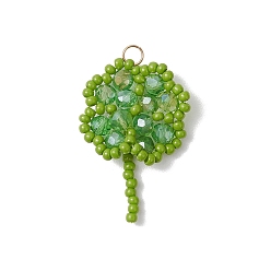 Лайм Подвески из стеклянных бусин ручной работы в виде клевера, с 304 кольцами из нержавеющей стали и стеклом, граненые, желто-зеленые, 30x28x5 мм, отверстие : 3 мм