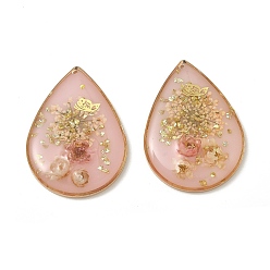 Pink Colgantes de latón chapado, resina epoxi transparente y flores secas., dije en forma de lágrima con estampado de flores y mariposas, con polvo del brillo, rosa, 35x25.5x5 mm, agujero: 0.8 mm