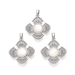 Платина Натуральный белый оболочки подвески, цветочные подвески с латунной оправой, платина, 25x23x3.5 мм, отверстие : 5x2.5 мм