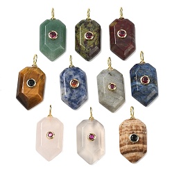 Piedra Mixta Colgantes de piedra naturales mezclados, con micro latón allanan circonio cúbico, encanto hexagonal, facetados, chapado en rack, larga duración plateado, sin plomo y el cadmio, real 18 k chapado en oro, 32x15x6.5 mm, agujero: 4 mm
