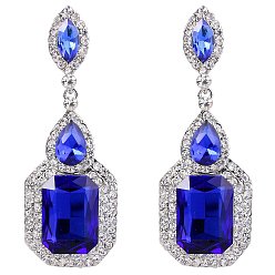 Средний Аквамарин Латунные горный хрусталь болтаться серьги, со стеклом, прямоугольные, цвет нержавеющей стали, средний аквамарин, 60x23 мм