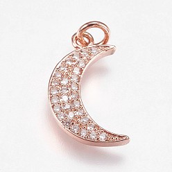 Розовое Золото Латунные микро проложить кубического циркония подвески, луна, розовое золото , 19x11x2 мм, отверстие : 2.5 мм