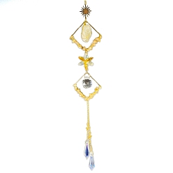 Цитрин Натуральные цитриновые чипсы в проволочной упаковке и подвесные украшения из металлических ромбов, стеклянный конус с кисточкой для украшения оконного сада, 520 мм