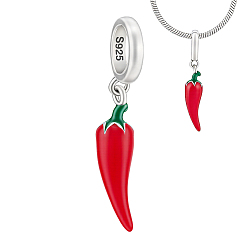 Platinum 1Pc 925 Sterling Silver Enamel Italian Horn  European Dangle Charm, Red Hot Pepper Large Hole Pendants, with 925 Stamp, Rhodium Plated, Platinum, 21.5mm, Hole: 3.5mm