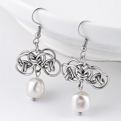 Antique Silver 304 Stainless Steel & Resin Pearl Dangle Earrings, Round, Antique Silver, 47.2mm