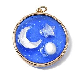 Настоящее золото 18K Латунь эмаль подвески, с добавлением смолы и перламутра, плоский круглый с подвесками в виде лунных звезд, без кадмия и без свинца, стойки покрытие, долговечный, реальный 18 k позолоченный, 30x27.5x5.5 мм, отверстие : 3 мм