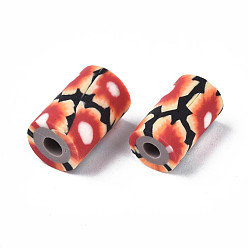 Saddle Brown Handmade Polymer Clay Beads, Column with Jewelry Crafts Pattern, Saddle Brown, 11x6~7.5mm, Hole: 2~3mm