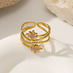 Pink 304 Stainless Steel Micro Pave Clear Cubic Zirconia Cuff Open Rings, Star, Golden, Pink, 18mm