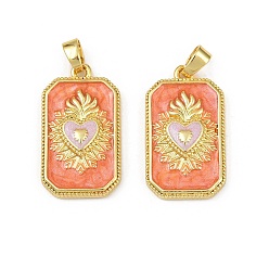 Оранжевый Латунь эмаль подвески, долговечный, без свинца и без кадмия, стойки покрытие, золотые, прямоугольник с подвесками в виде священного сердца, оранжевые, 27.5x15.5x4 мм, отверстие : 5.5x3.5 мм