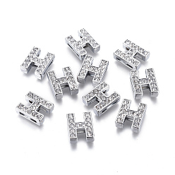 Letter H Alloy Initial Slide Charms with Grade A Rhinestones, Lead Free & Nickel Free, Platinum, Letter.H, 12~13x8~13x4~5mm, Hole: 8x2mm