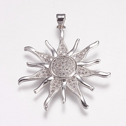 Платина Латунные микро проложить кубического циркония подвески, солнце, платина, 36x34x5.5 мм, отверстие : 3.5x4 мм