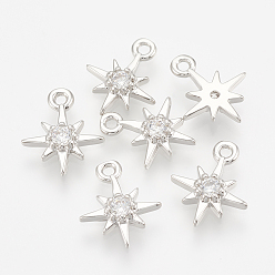 Real Platinum Plated Brass Cubic Zirconia Charms, Star, Nickel Free, Real Platinum Plated, 10.5x8.5x2mm, Hole: 1mm