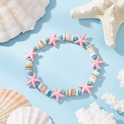 Pink Браслеты из синтетической бирюзы и натуральных пресноводных ракушек для женщин, морская звезда, розовые, внутренний диаметр: 2~2-1/8 дюйм (5.2~5.3 см)