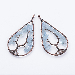Aquamarine Natural Aquamarine Big Pendants, with Brass Findings, teardrop, Red Copper, 80~82x42~43x6~10mm, Hole: 4~5mm