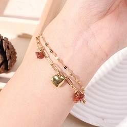 Камень с Пылевым Золотом Браслеты с подвесками в виде сердца 304 из нержавеющей стали и синтетического золотистого камня, 304 Двухслойный браслет из нержавеющей стали в виде цепочки из скрепки и рифленой цепочки для женщин, золотые, 6.69 дюйм (17 см)