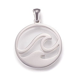 Нержавеющая Сталь Цвет Не тускнеющие 304 подвески из нержавеющей стали, лазерная резка, плоские круглые с волной, цвет нержавеющей стали, 27x24x2 мм, отверстие : 7x4 мм