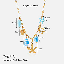 Starfish Summer Beach 304 Stainless Steel & Porcelain Multi Pendant Bib Necklaces, Golden, Starfish, 16.14 inch(41cm)