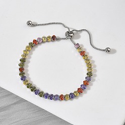 Нержавеющая Сталь Цвет 304 теннисные браслеты из нержавеющей стали с кубическими циркониями, 201 Браслеты-слайдеры из нержавеющей стали с цепочкой-коробкой для женщин, цвет нержавеющей стали, внутренний диаметр: 1-7/8~3-1/4 дюйм (4.7~8.1 см)