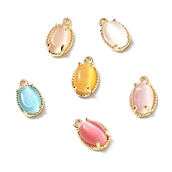 (52) Непрозрачная лаванда Овальные латунные подвески, с кошачий глаз, без никеля , реальный 18 k позолоченный, разноцветные, 10x6.50x4 мм, отверстие: 0.90 мм