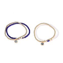 Mixed Color Stretch Bracelets Sets, with Round Brass Beads, Glass Beads, Evil Eye Lampwork Beads and Brass Micro Pave Cubic Zirconia Charms, Golden, Mixed Color, Inner Diameter: 2-1/4 inch(5.7cm), 4pcs/set