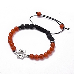 Svadhisthana Chakra Jewelry, Adjustable Nylon Thread Braided Bead Bracelets, with Natural Carnelian(Dyed & Heated)  & Synthetic Lava Rock Beads, Non-Magnetic Synthetic Hematite Beads and Alloy Links, Svadhisthana, Inner Diameter: 1-7/8~3-1/2 inch(4.8~9cm), Link: 20x13x1.3mm