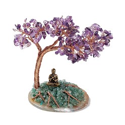 Amethyst Natural Amethyst & Green Aventurine Tree Display Decoration, Buddha Statue on Agate Slice Base Feng Shui Ornament for Wealth, Luck, Rose Gold Brass Wires Wrapped, 92~105x141~148x151~155mm