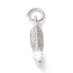 Real Platinum Plated Brass Micro Pave Clear Cubic Zirconia Pendants, Feather, Real Platinum Plated, 15x4x3mm, Hole: 3.6mm, Jump Ring: 5x0.7mm, Hole: 3.6mm