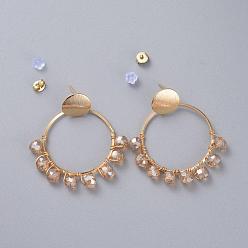Wheat Dangle Stud Earrings, with Glass Beads, Plastic & Brass Ear Nuts, Golden Plated Brass Findings and Cardboard Boxes, Ring, Wheat, 43mm, Pin: 0.8mm