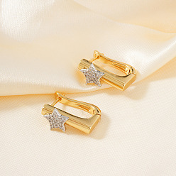 Звезда Серьги-кольца из латуни с прозрачным кубическим цирконием, золотые, звезда, 20x10 мм