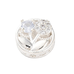 Серебро Стойки обшивки латунь микро проложить кубического циркония бусы, со стеклом, долговечный, без свинца и без кадмия, плоские круглые с цветком, серебряные, 12x6 мм, отверстие : 1.6 мм