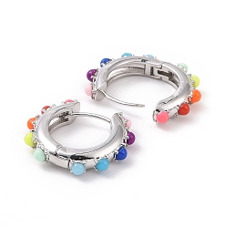 Platinum Colorful Resin Beaded Hoop Earrings, Brass Jewelry for Women, Platinum, 21x24x5mm, Pin: 0.8mm