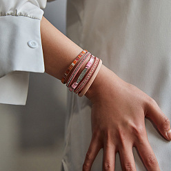Pink Многорядные браслеты из искусственной кожи в стиле бохо для женщин, со сплавочной фурнитурой со стразами, розовые, 7-7/8 дюйм (20 см)