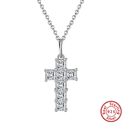 Real Platinum Plated 925 Sterling Silver Micro Pave Clear Cubic Zirconia Pendants, Religion Cross Charms, without Necklace, Rhodium Plated, Real Platinum Plated, 22.5mm