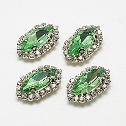 Перидот Шить на горный хрусталь, многожильных ссылки, стекло горный хрусталь, с латунной фурнитурой , аксессуары для одежды, лошадиный глаз , платина, перидот, 39x21x9 мм, отверстие : 1.5 мм