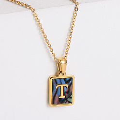 Letter T 304 ожерелья с прямоугольной подвеской из натуральной ракушки пауа из нержавеющей стали для женщин, реальный 18 k позолоченный, Письмо T, 17.72 дюйм (45 см)