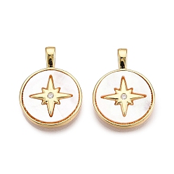 Настоящее золото 18K Латунные микропаве прозрачные подвески с фианитом, без кадмия и без свинца, с оболочкой, плоские круглые и звездные подвески, реальный 18 k позолоченный, 19.5x14x4 мм, отверстие : 4x2 мм