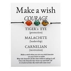 Смешанные камни Регулируемые круглые браслеты из плетеных бусин из натурального тигрового глаза, малахита, карлиана и латуни, 6-1/4~10-1/4 дюйм (16~26 см)