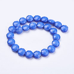 Blue Electroplate Glass Beads Strands, Faceted, Flat Round, Blue, 14x7.5mm, Hole: 1mm, about 25pcs/strand, 13.7 inch