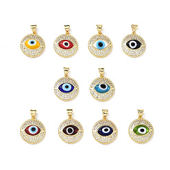 Mixed Color Real 18K Gold Plated Brass Clear Cubic Zirconia Pendants, Flat Round with Lampwork Evil Eye Charms, Lead Free & Cadmium free, Mixed Color, 19x16.5x5mm, Hole: 4mm