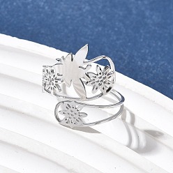 Нержавеющая Сталь Цвет 304 регулируемые манжетные кольца из нержавеющей стали, пчела и цветок, цвет нержавеющей стали, 21.5 мм, размер США 8 1/2 (18.5 мм)