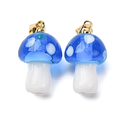 Озёрно--синий Подвески лэмпворк ручной работы, гриб, с реечной накладкой из латуни с золотистым напылением, долговечный, золотые, Плут синий, 19~21x11~13 мм, отверстие : 4.5x3.5 мм