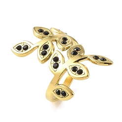 Настоящее золото 18K Ионное покрытие (ip) 304 открытая манжета из нержавеющей стали для женщин, со стразами, лист, реальный 18 k позолоченный, внутренний диаметр: 17.5 мм