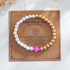 Темно-Розовый Эластичные браслеты из искусственного жемчуга и латунных круглых бусин, крестик из натуральных ракушек для женщин, с бумажной коробкой, темно-розовыми, внутренний диаметр: 6-7/8 дюйм (17.5 см)